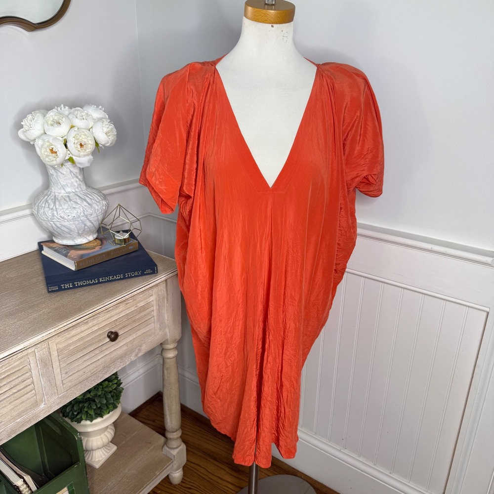 Vince Womens Orange 100% Silk V-Neck Crinkled Shift Cocoon Dress Size M